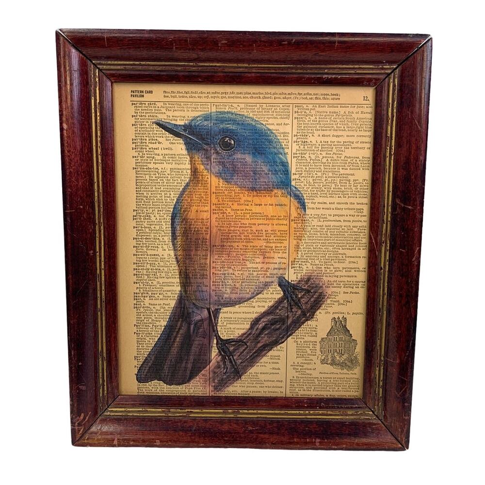 Handmade Upcycled Bluebird Bird Printed on Vintage Dictionary Page Wall Art